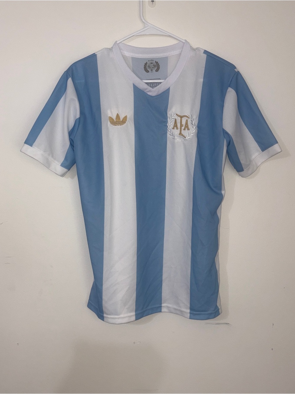 Youth Adidas Argentina AFA Soccer Jersey Gold Embroidery Blue White Stripe  - M